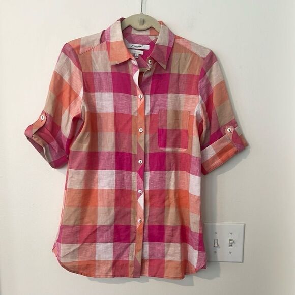 Foxcroft Linen Checkered Top 4 - Picture 1 of 7